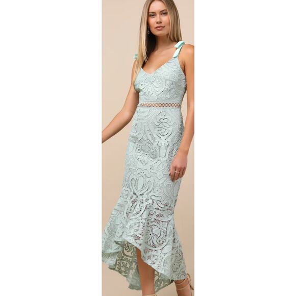 New Lulus Won Your Heart Sage Green Lace Tie-Strap High-Low Midi Dress - Picture 3 of 4